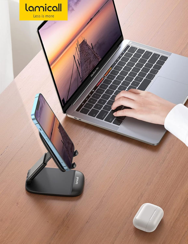Adjustable phone stand for desk, compatible with iPhone and Galaxy