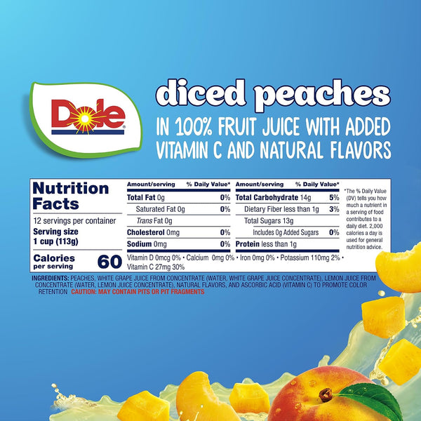 Dole Diced Peaches in 100% Juice - Dole Fruit Bowls Snacks - 4 oz Fruit Bowls - 12 Pack