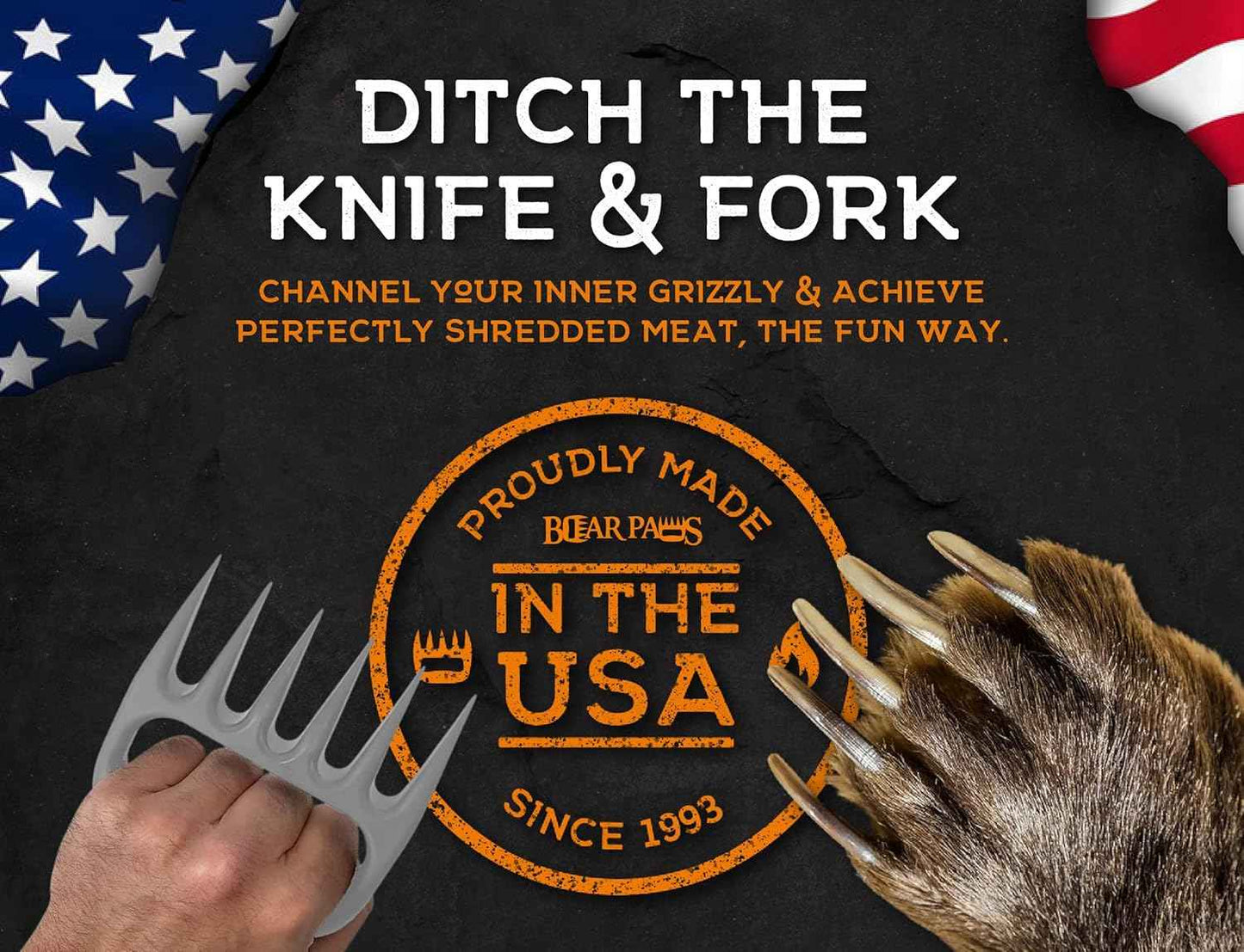 Bear Paws Meat Claws - The Original Meat Shredder Claws for Pulled Pork, USA Made - Easily Lift, Shred, Pull and Serve Pork, Chicken, Brisket and Turkey - Gift for Dad on Father's Day! (Gray)