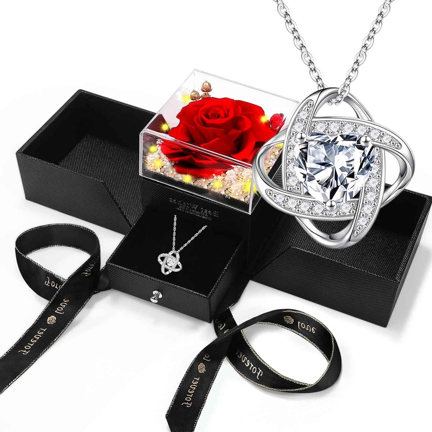 Eternal Preserved Red Rose with Necklace Gift Box Romantic Real Flower for Women Ideal for Birthday, Anniversary, Valentine’s Day, Mother’s Day