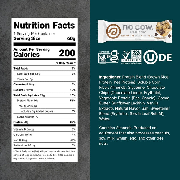 No Cow Vegan Protein Bars, Upgraded Chocolate Chip Cookie Dough, 20g Plant Based Protein, Gluten Free, Dairy Free, Soy Free, Keto Friendly, Low Sugar, High Fiber Snack Bars, Pack of 12