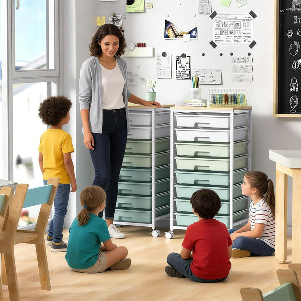 Rolling Storage Utility Cart with 8 Drawers and Wooden Tabletop