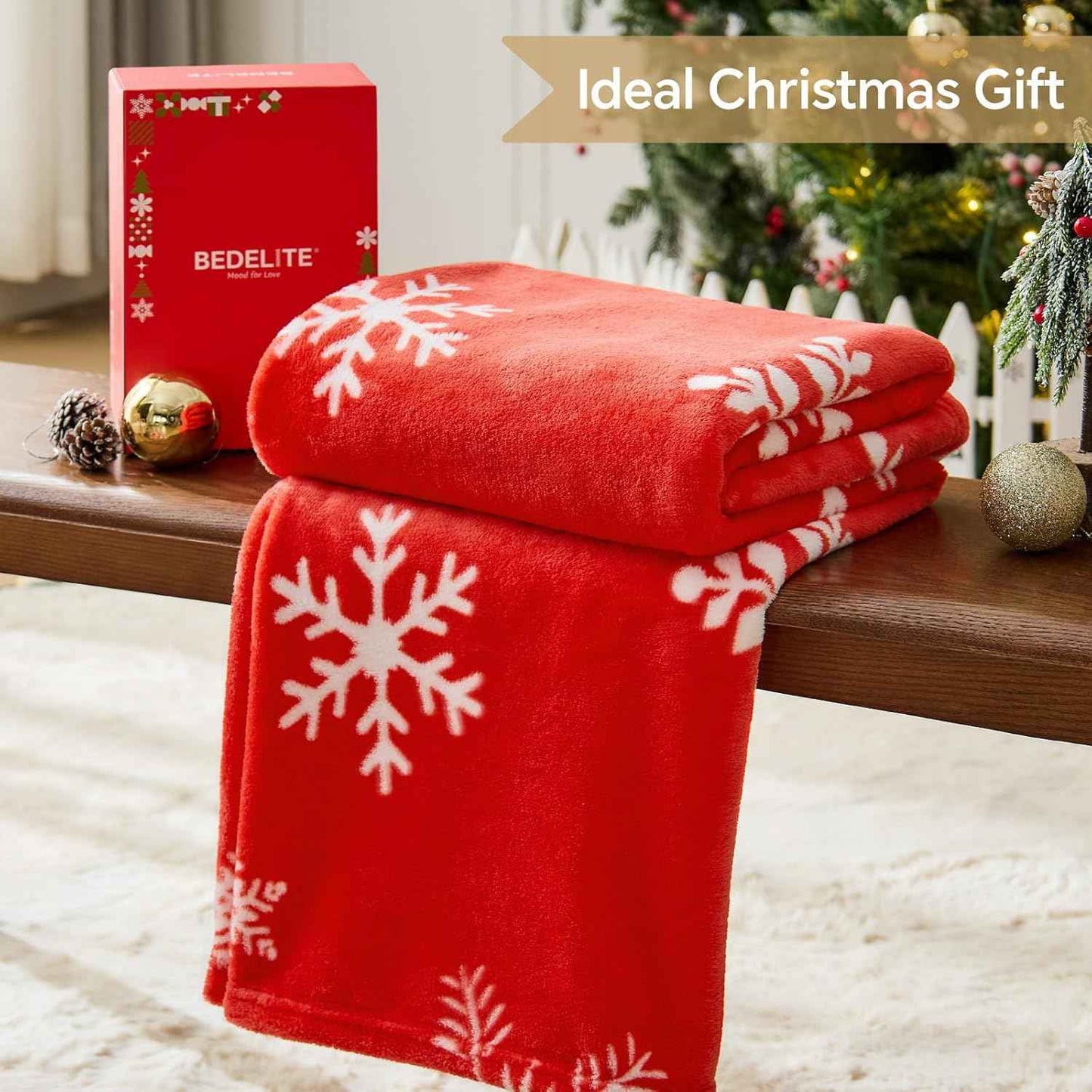 BEDELITE Christmas Throw Blanket– Cozy Holiday Blanket with Red Snowflake Design, Soft Lightweight Fleece Christmas Blanket for Couch & Bed, Festive Home Décor & Gift, 50"x60"