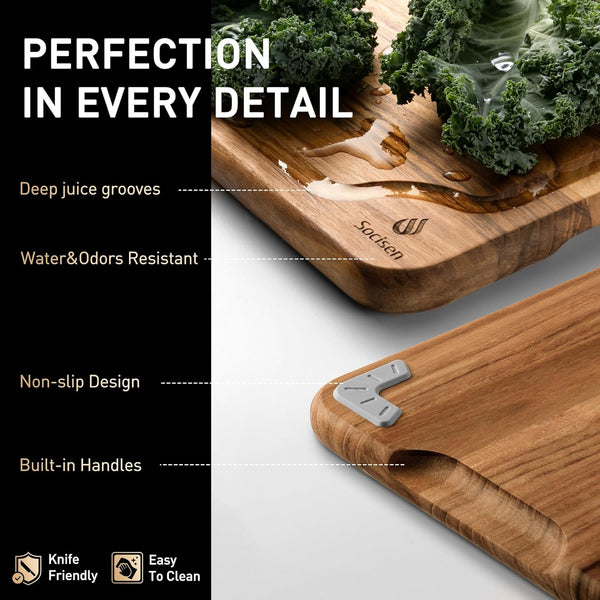 Teak Wood Cutting Board Set for Kitchen with Non-Slip Base and Durable Construction