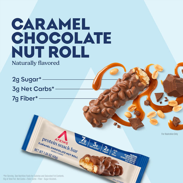 Atkins Caramel Chocolate Nut Roll Snack Bar, 16 Count, 1.55oz Bars