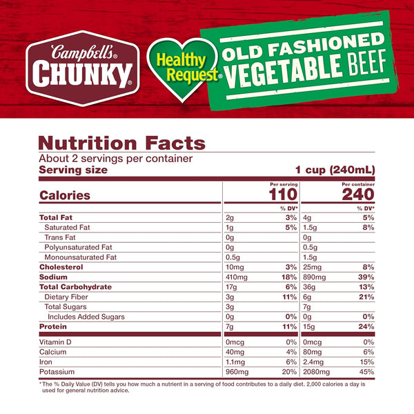 Campbell's Chunky Healthy Request Old Fashioned Vegetable Beef Soup, 18.8 Oz Cans, Case of 12 for Delicious and Filling Lunch or Campfire Meals