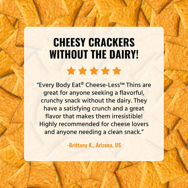 Every Body Eat Gluten Free Crackers, Cheese-Less – Healthy Snacks, Vegan Cheddar Style Crackers, Dairy Free, Seed Oil Free Snack Crackers (Pack of 2), 4 oz Bags