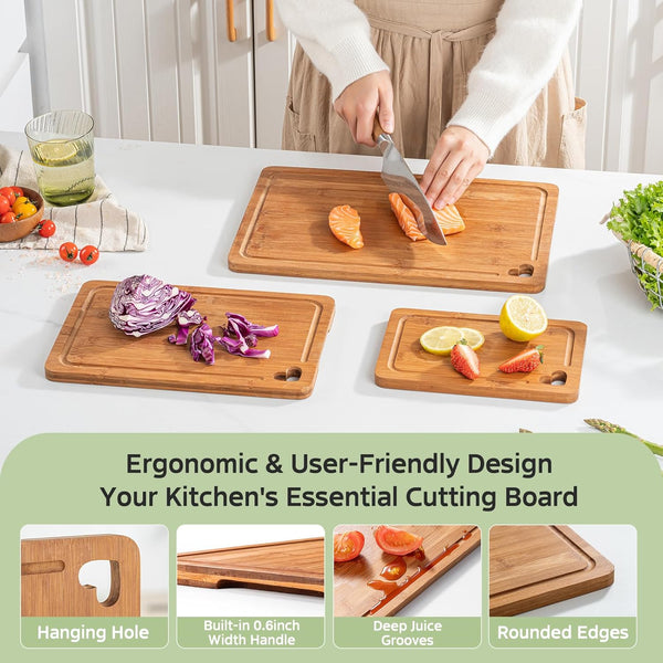 Bamboo cutting board set with storage stand for kitchen