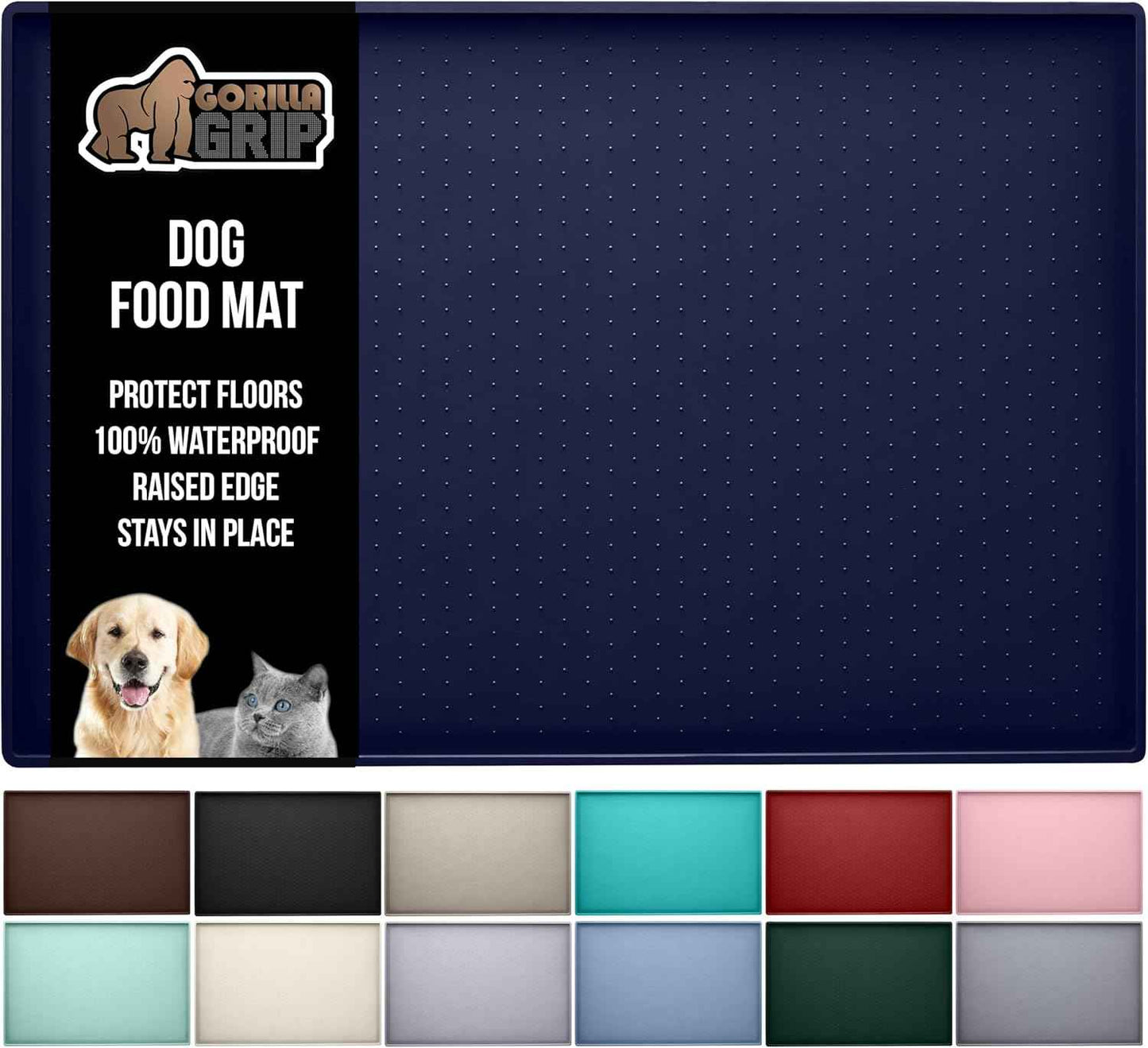 GORILLA GRIP 100% Waterproof Raised Edge BPA Free Silicone Pet Feeding Mat, Dog Cat Food Mats Contain Spills Protects Floors, Placemats for Cats and Dogs Water Bowl, Pets Accessories 18.5x11.5 Gray