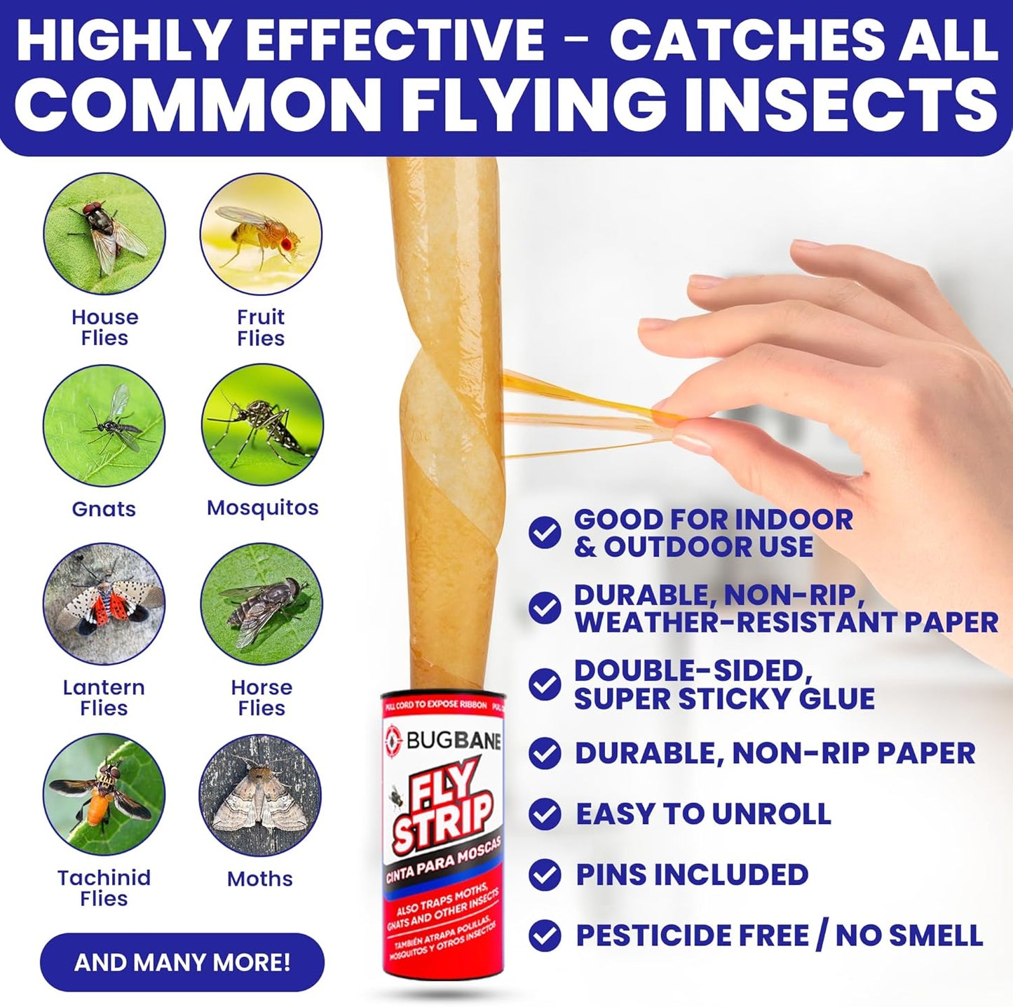 Fly Strips Indoor Sticky Hanging 24pk with Pins. Non Toxic Outdoor Fly Trap Indoor for Home. Flies Tape Paper Trap Ribbon Roll for House Gnat Fruit and Housefly. Bug Catchers for Inside Home Flypaper