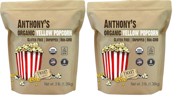 Anthony's Organic Yellow Popcorn Kernels, 3 lb, UnPopped, Gluten Free, Non GMO