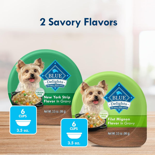 blue buffalo delights natural adult small breed wet dog food, variety pack, made with natural ingredients, filet mignon & new york strip recipe
