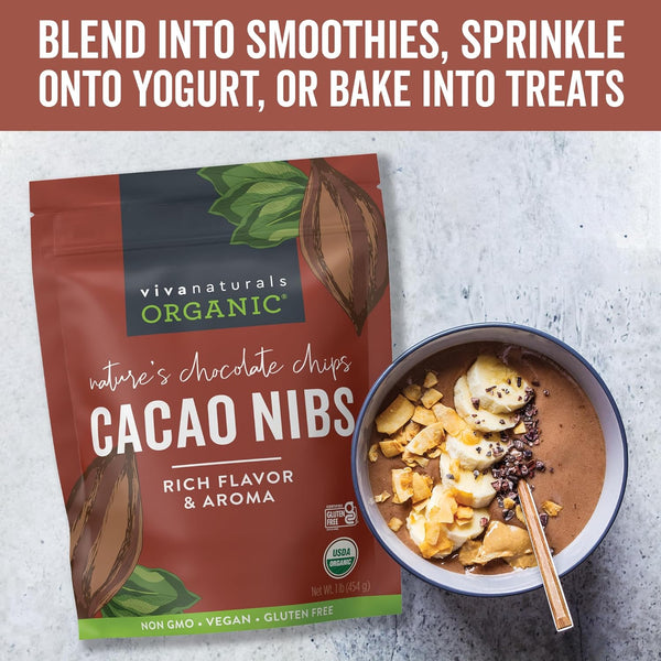 Viva Naturals Organic Cacao Nibs, 1 LB (454 g), Unsweetened, Keto Friendly, Vegan, Non-GMO, Gluten-Free