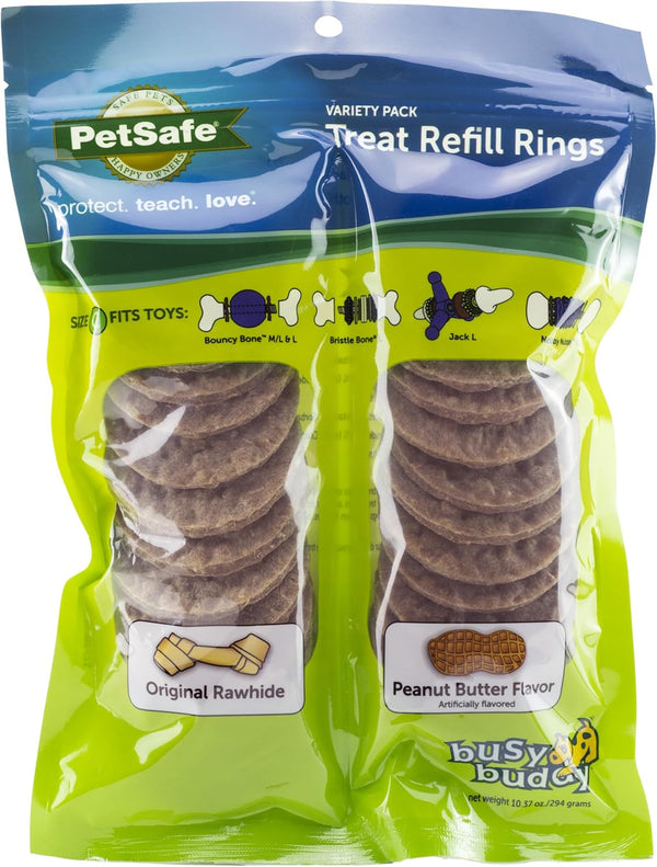 PetSafe Busy Buddy Natural Rawhide Rings Size C Peanut Butter & Original Rawhide Flavored Treats 24-Pack