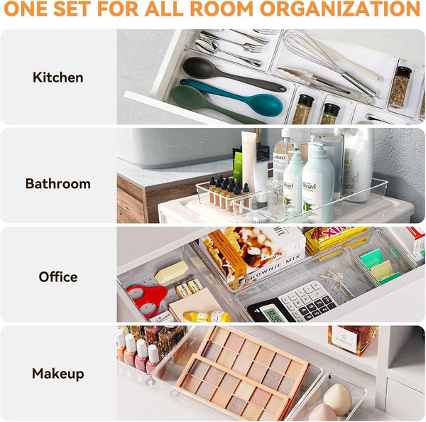 6-Pack Large Clear Plastic Drawer Organizer Trays - Acrylic Kitchen Storage Dividers for Makeup, Utensils, Bathroom & Office