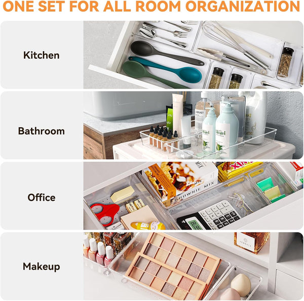 6 pack large clear plastic drawer organizer trays for kitchen utensils and office desk
