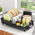 Expandable Dish Rack for Kitchen Counter with Utensil Holder and Raised Guardrail