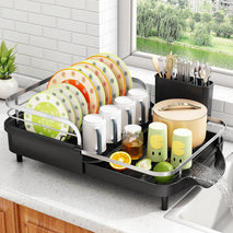 Expandable Dish Rack for Kitchen Counter with Utensil Holder and Raised Guardrail