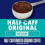 maxwell house half caff original medium roast ground coffee, 25.6 oz canister, smooth and rich, consistently great taste