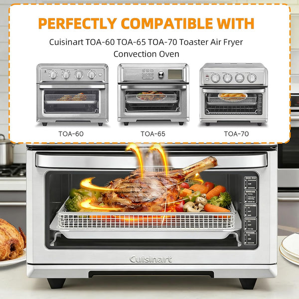 Air Fryer Tray Replacement for Cuisinart TOA-60 TOA-65 TOA-70 Convection Toaster Oven Tray Replacement, 12.4"x11" Steel Baking Pan and Wire Rack Mesh Basket Accessories Parts, NonStick/Dishwasher Safe
