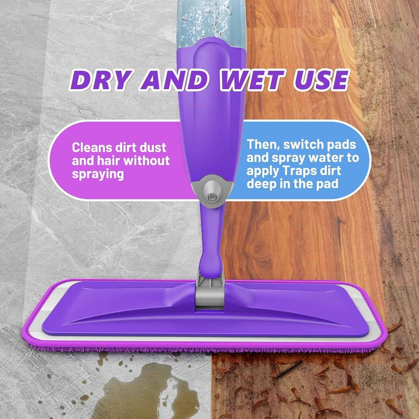 HOMTOYOU Spray Mops for Floor Cleaning: Wet Mop for Hardwood Tile Wood Laminate Vinyl - 3 Washable Microfiber Pads for Swiffer Powermop - Absorbs Pet Hair Dust