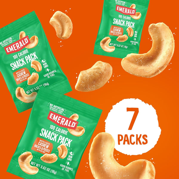 Emerald Nuts Roasted and Salted Cashews 7ct, 100-Calorie Individually Wrapped, Kosher Certified, Non-GMO, Plant-Based, No Artificial Additives