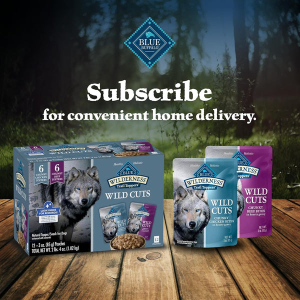 blue buffalo wilderness trail toppers wild cuts wet dog food variety pack, high-protein & grain-free, 12 count, 6 chicken and 6 beef flavors