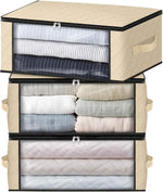 HomeHacks Storage 3-Pack Clothes Organizer Storage Bags Foldable Storage Box with Large Clear Window Sturdy Handles for Closet, Dorm, Pillows, Bedding, Clothes, Blankets, 35L, Gray