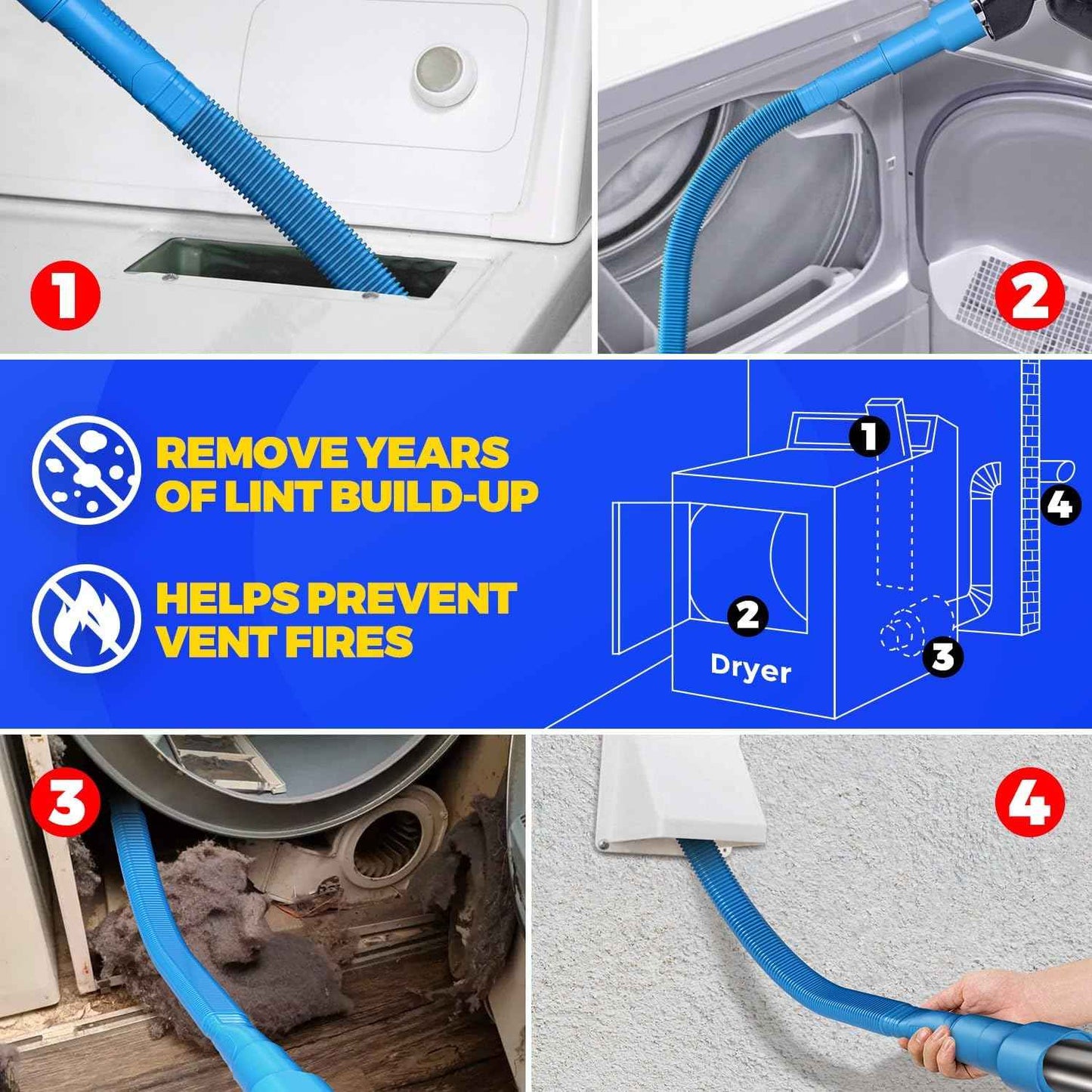 Holikme 2 Pieces Dryer Vent Cleaner Kit, Dryer Lint Vacuum Attachment and Flexible Dryer Lint Brush, Dryer Vent Vacuum Hose Attachment,Blue