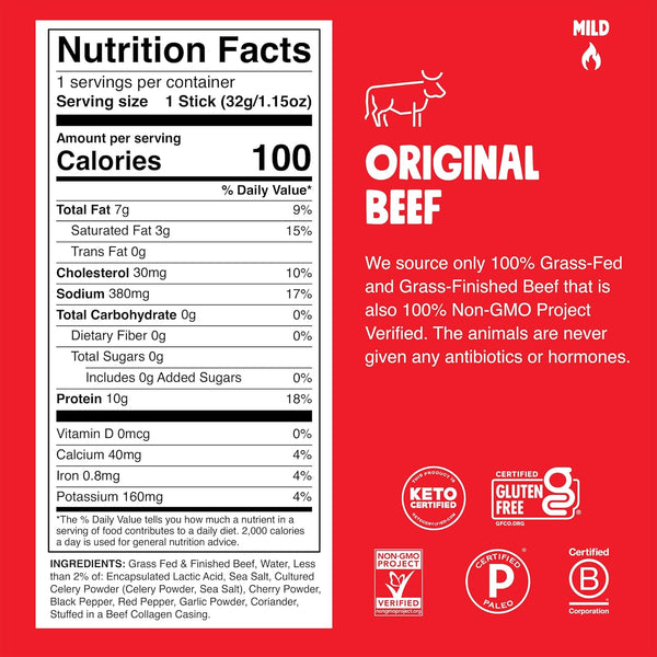 Chomps Grass-Fed Beef Jerky Snack Sticks 10-Pack, 10g Protein, Gluten-Free, Zero Sugar