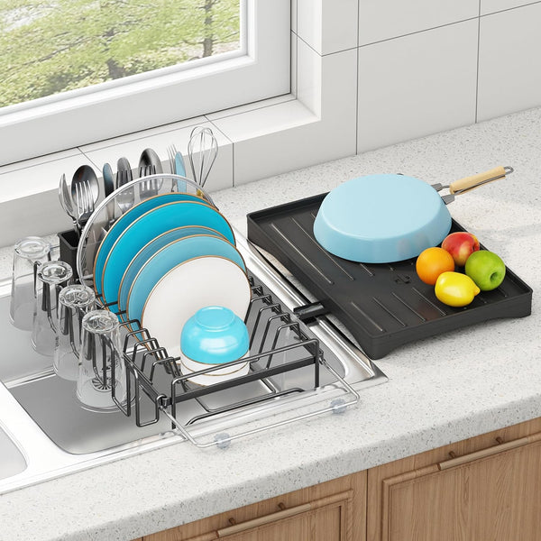 Compact Dish Drying Rack for Kitchen Counter with Silicone Mat