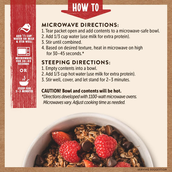 Kodiak Instant Oatmeal Packets, Chocolate Chip, High Protein, 100% Whole Grains, 6 boxes with 6 packets each (36 packets total)