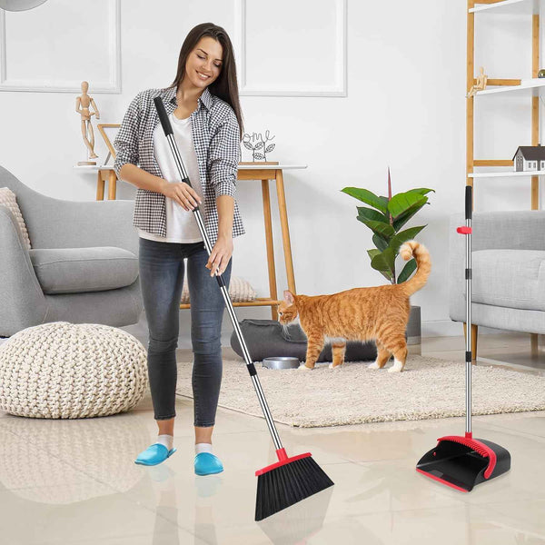 NACENA 52-Inch Adjustable Broom and Dustpan Set with Teeth for Hair Removal, Suitable for Home, Kitchen, Office, and Hall (Black & Red)