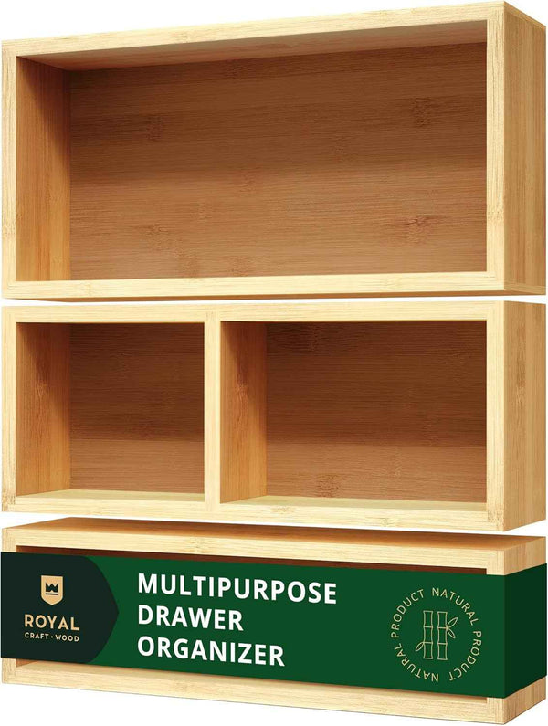 ROYAL CRAFT WOOD 5-Piece Bamboo Drawer Organizer Set – Multi-Use Storage Trays for Kitchen, Bathroom, Office, Makeup, Jewelry & More – Junk Drawer Tray, Utensil Holder, Storage Box & Bin Set (5 Boxes)