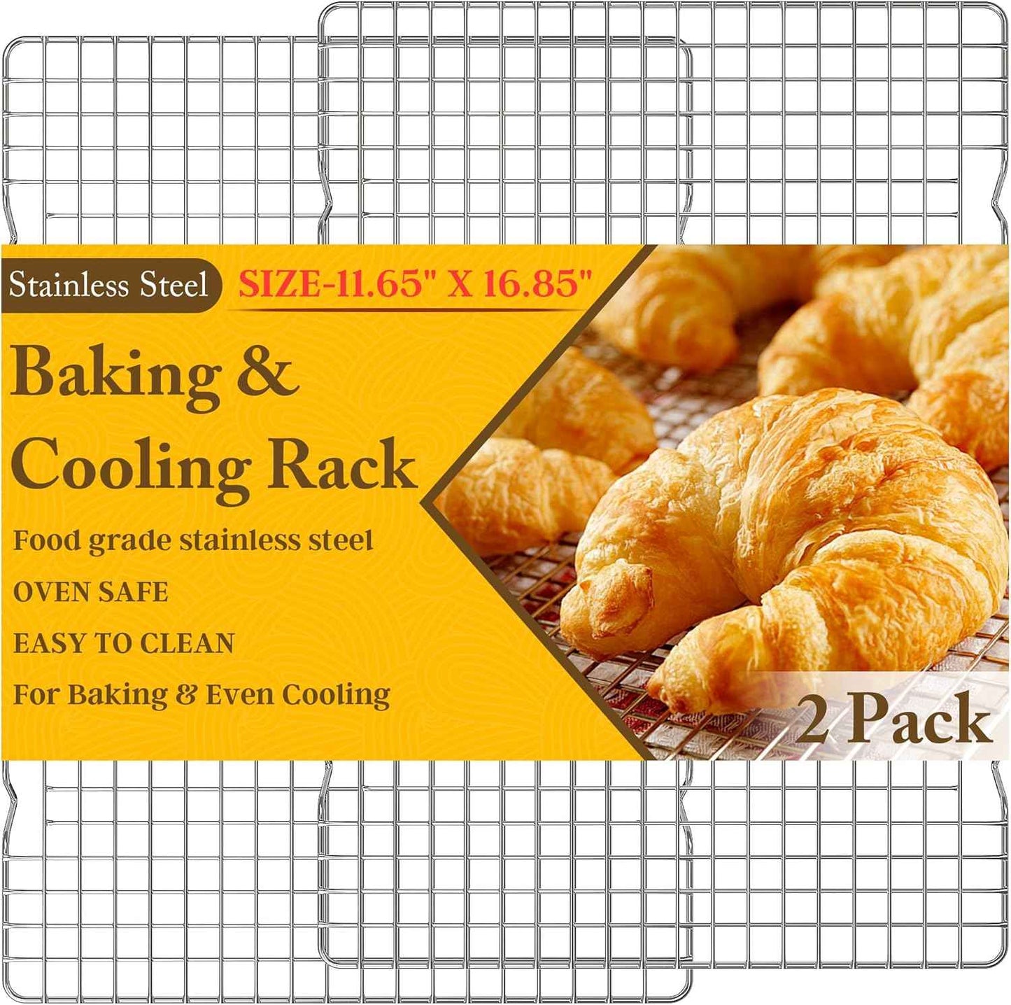 2PCS Cooling Racks for Cooking and Baking - 10" x 15"Heavy Duty Stainless Steel Wire Rack for Baking, Grilling, Roasting - Oven & Dishwasher Safe - Fits Jelly Roll Sheet Pan-Silver