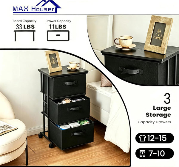 MAX Houser 3-Drawer Dresser Storage Tower for Bedroom, Closet, Office, Black