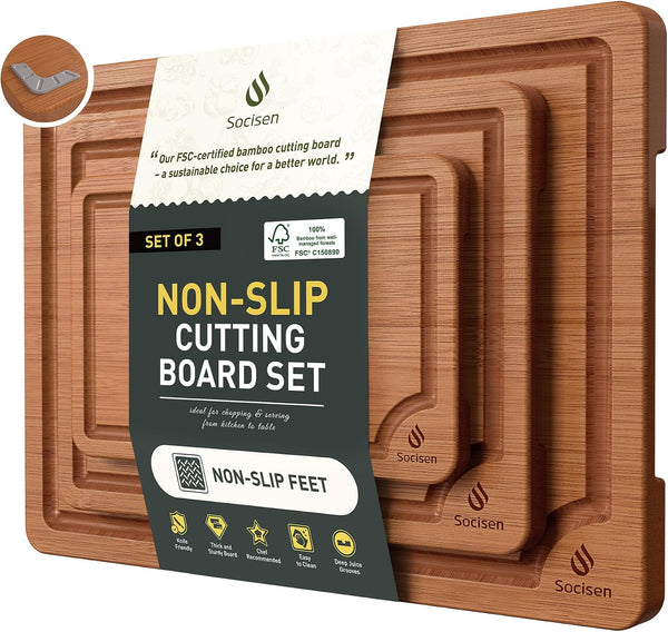 Bamboo Cutting Board Set with Non-Slip Feet and Juice Groove Chopping Boards