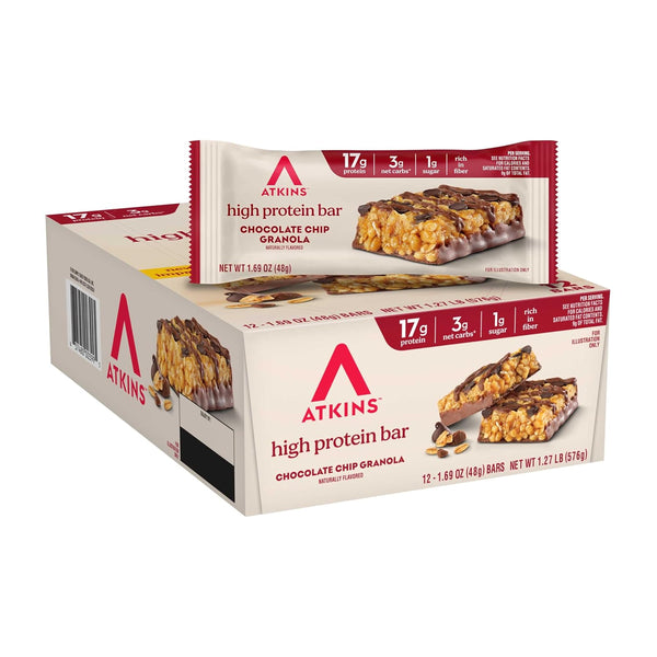 Atkins Peanut Butter Granola High Protein Bar, 12 Count, 16g Protein, 1g Sugar, 4g Net Carb