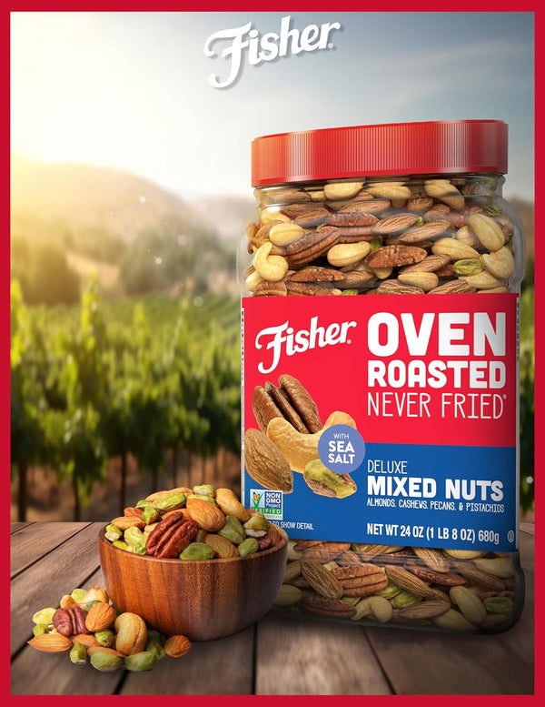 Fisher Oven Roasted Mixed Nuts, 24 Oz, Almonds, Cashews, Pecans, Pistachios, Healthy Snack