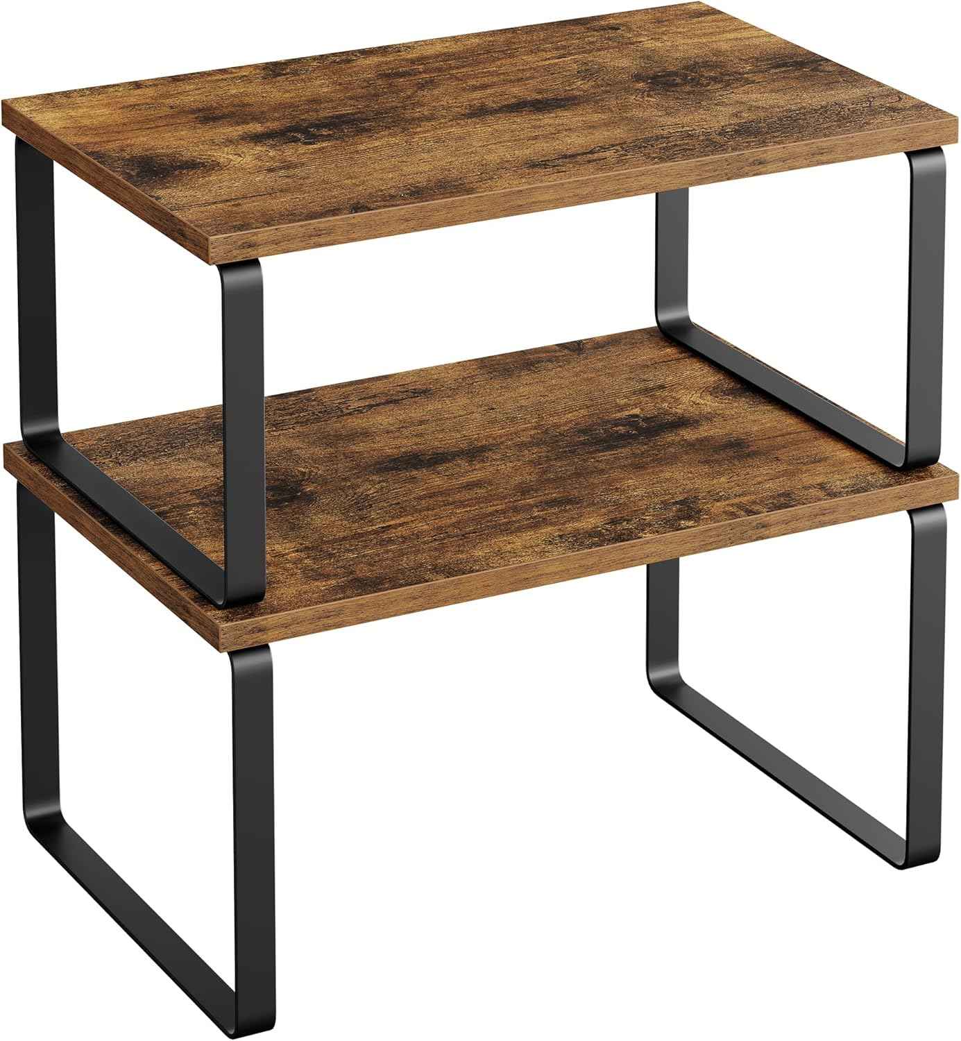 SONGMICS Cabinet Organizer Shelf, Set of 2 Kitchen Counter Shelves, Kitchen Storage, Spice Rack, Stackable, Expandable, Metal and Engineered Wood, Ink Black and Natural Beige UKCS02NB