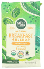 Whole Foods Market, Organic Breakfast Blend Ground Coffee, Light Roast, Milk Chocolate, Caramel & Citrus, 12 Ounce Bag, Resealable Closure
