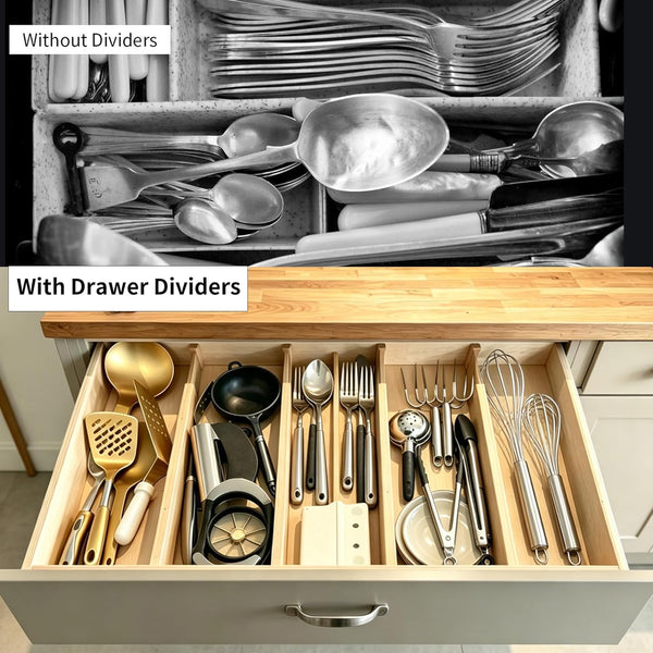 Adjustable bamboo drawer dividers for kitchen, bathroom, and bedroom