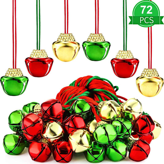 Sumind Christmas Bell Necklaces Christmas Holiday Gold Green Red Xmas Jingle Necklaces Bell with Ribbons for Craft Gift Supplies Stocking Stuffers Accessories (72 Pieces)