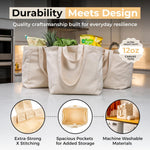 VeraMia Canvas Grocery Bag 3pc XL Set with Real Pockets, Long Shoulder Strap and Short Handle. Heavy Duty, Foldable, Washable