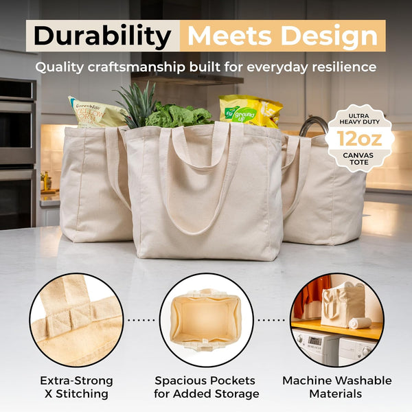VeraMia Canvas Grocery Bag 3pc XL Set with Real Pockets, Long Shoulder Strap and Short Handle. Heavy Duty, Foldable, Washable