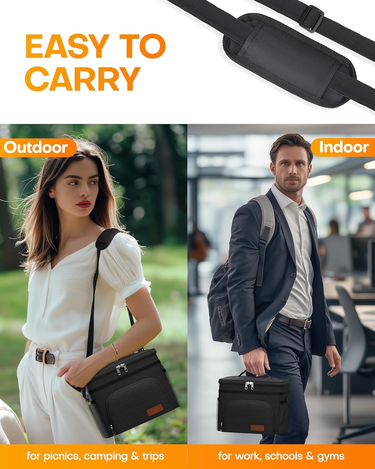 HOTOR Insulated Lunch Box for Men & Women - Leak-Proof Cooler Lunch Bag with 4 Pockets, Adjustable Strap, Ideal for Work, Picnic, Travel - Medium, Black, 10.2"×6.9"×8.5" - Rayz Mart