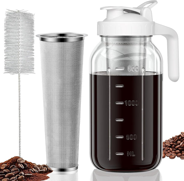 Heavy Duty Glass Mason Pitcher with Spout Lid and Stainless Steel Filter