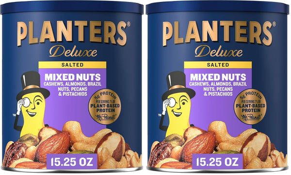 PLANTERS Unsalted Mixed Nuts Canister with Cashews, Pistachios, Almonds, Brazil Nuts, and Pecans, 15.25 oz