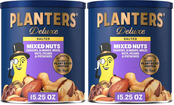 PLANTERS Deluxe Mixed Nuts, 15.25oz Canister, Plant-Based Protein, Quick Snack
