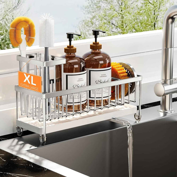 Cisily Silver Sponge Holder for Kitchen Sink, Sink Caddy Organizer with High Brush Holder, Kitchen Countertop Organizers and Storage Essentials, Rustproof 304 Stainless Steel, Soap Dispenser Organize